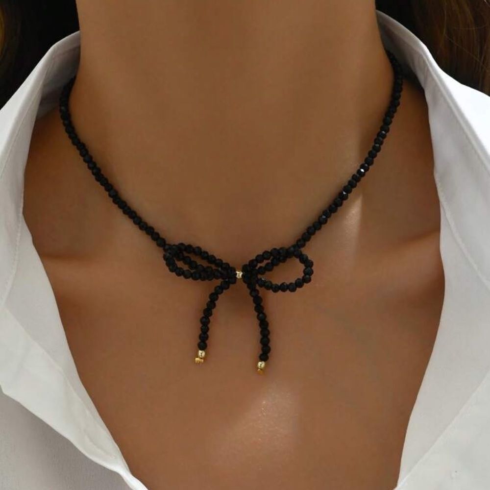 Anthropologie Black Beaded Bow Choker Necklace with Gold Accents